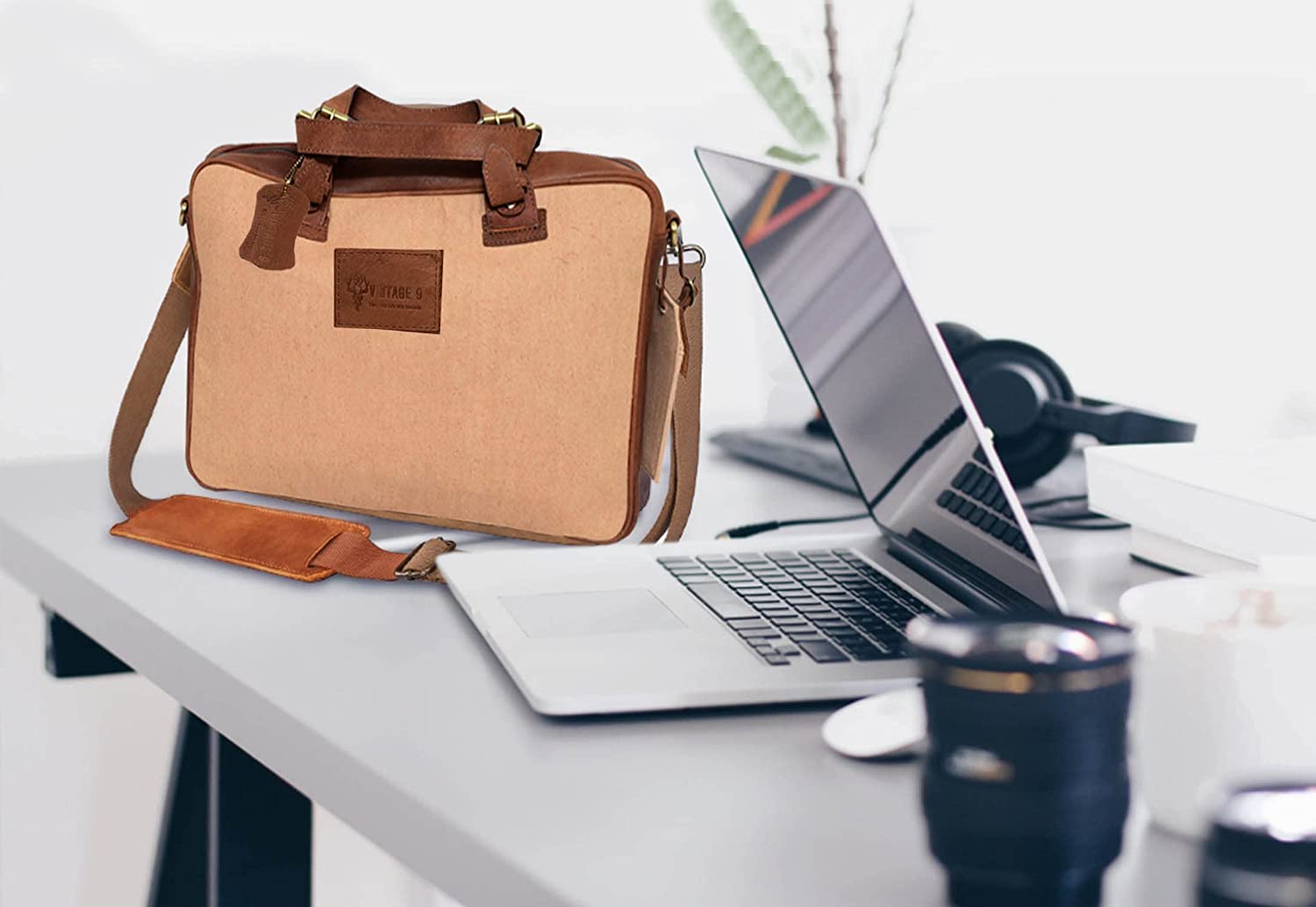 Canvas Leather Messenger Bag with Tag - Venice