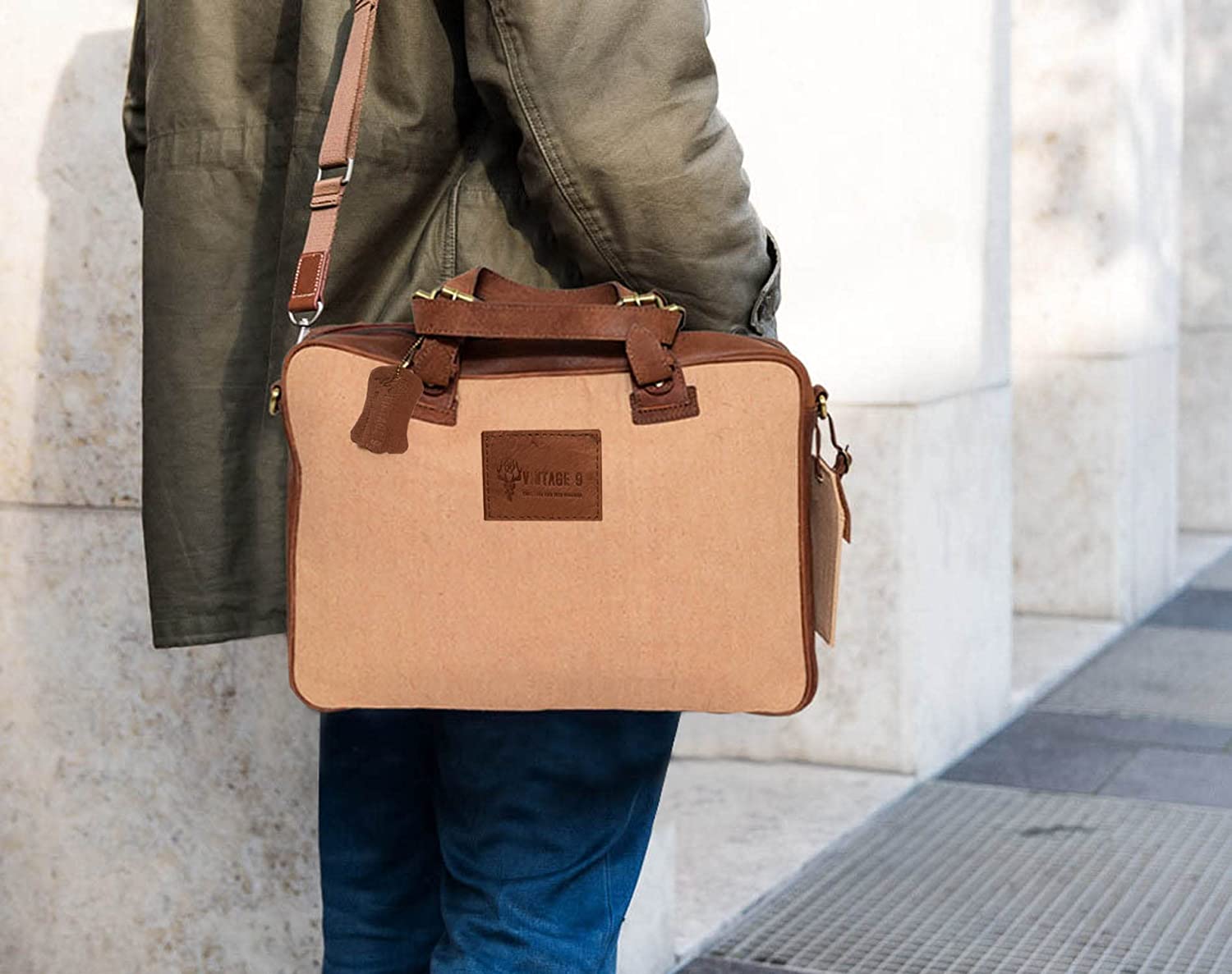 Canvas Leather Messenger Bag with Tag - Venice