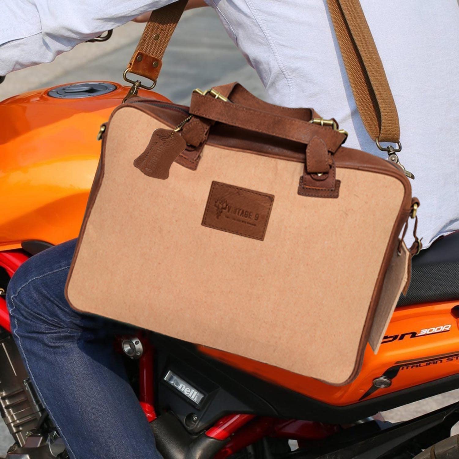Canvas Leather Messenger Bag with Tag - Venice