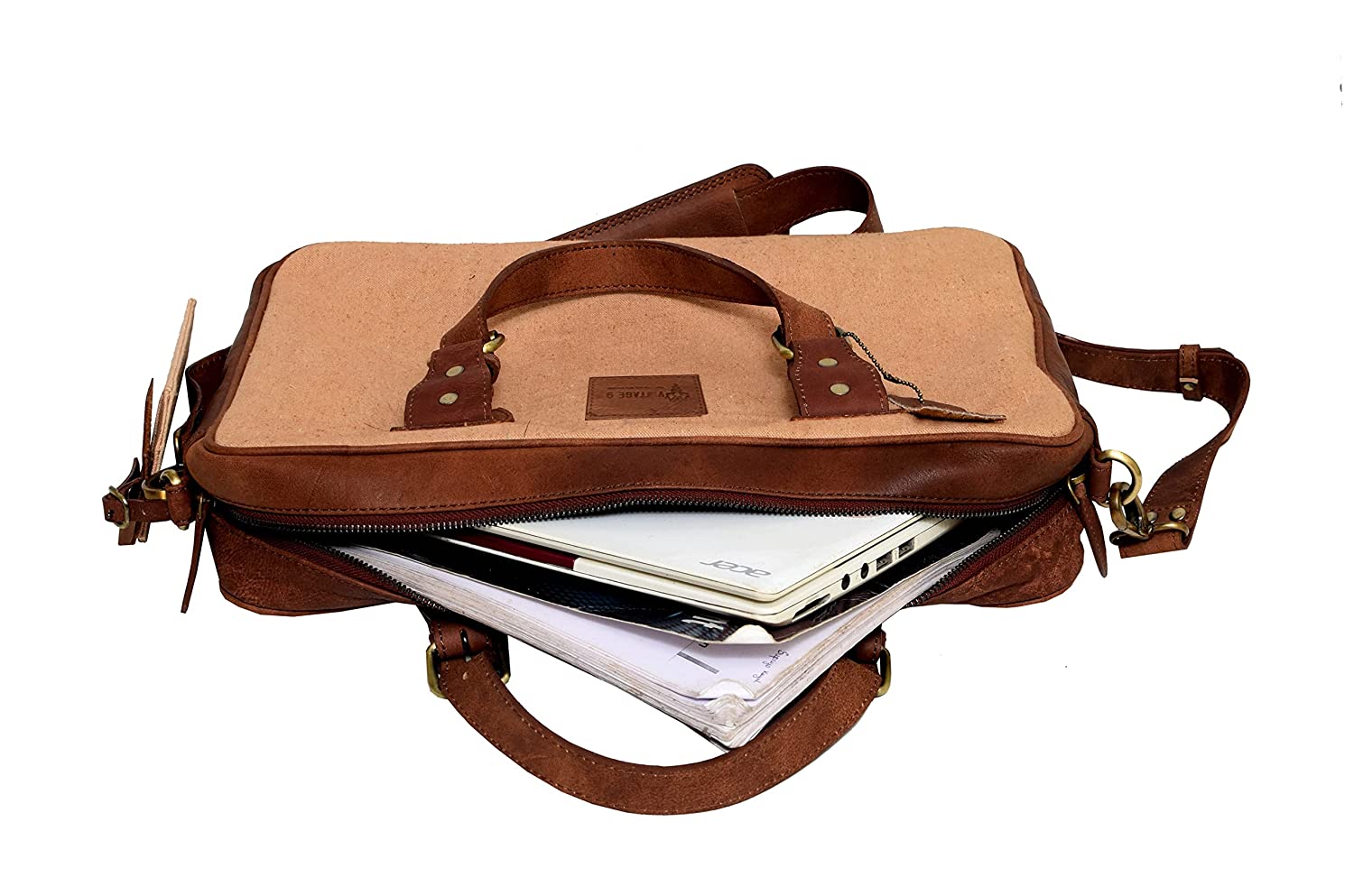 Canvas Leather Messenger Bag with Tag - Venice